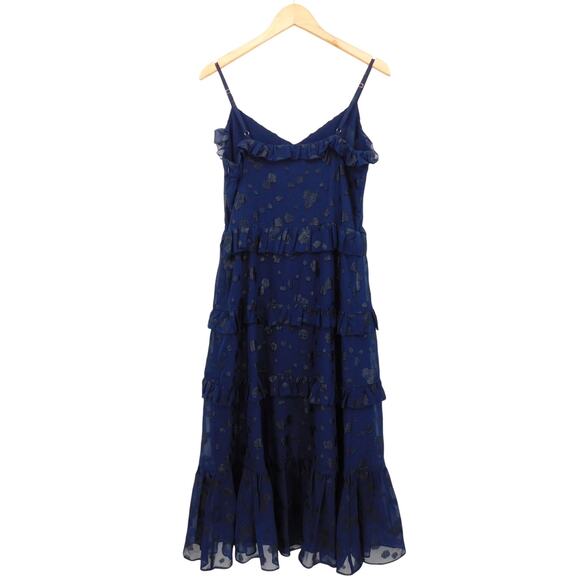 Michael Kors Women's Navy Blue‎ Dot Print Tiered Ruffle Midi Dress Size Medium - Picture 2 of 6